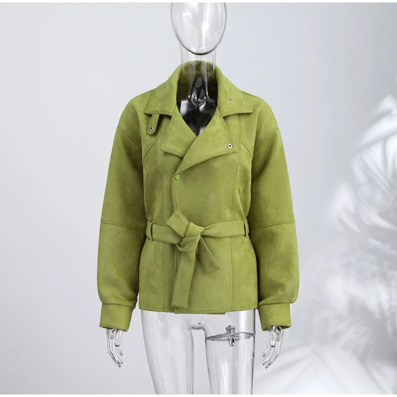 Autumn Women's Green Suede Short Jacket Loose Lapel Zipper Long Sleeve Bomber Coat Female 2025 New Lady High Street Outwears