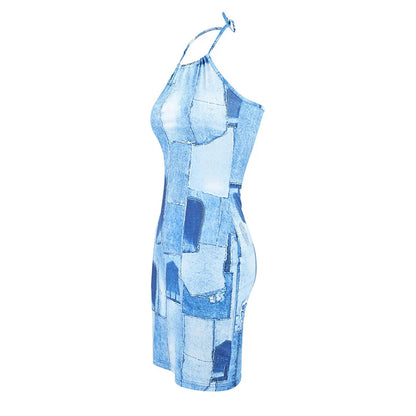 Summer Faux Denim Print Neck-mounted Spaghetti Strap Dress Women Sexy Slim Sleeveless Backless Dresses Fashion Wrap Hip Vestidos
