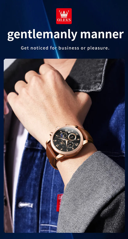 OLEVS 3660 Moon Phase Chronograph Luminous Men's Watches Leather Strap Waterproof Original Quartz Watch for Man Brand Wristwatch
