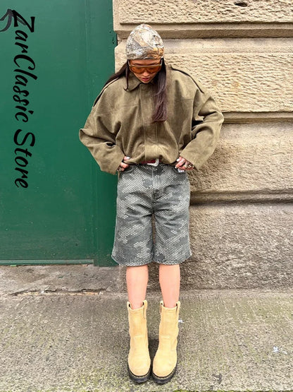 Autumn Women's Green Suede Short Jacket Loose Lapel Zipper Long Sleeve Bomber Coat Female 2025 New Lady High Street Outwears