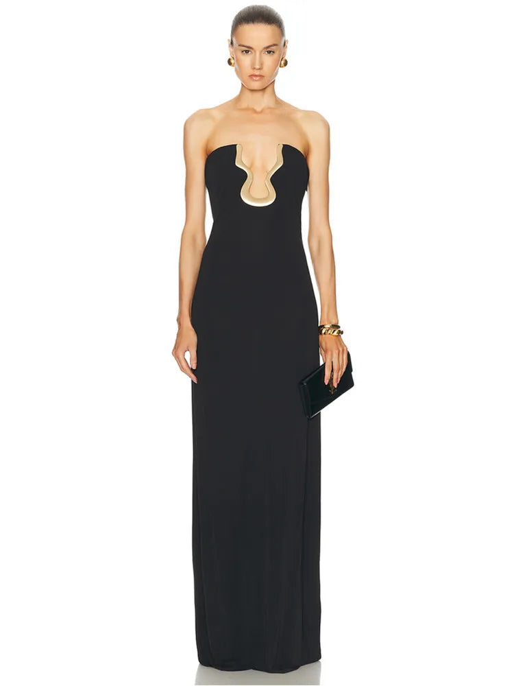 Ladies Women Celebrity Sexy Strapless Backless Black Maxi Long Bodycon Bandage Dress 2025 Elegant Evening Club Party Outfit