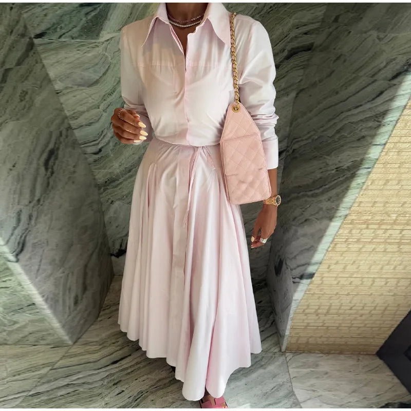 Women's Casual Pleated Skirts Set Two-piece Fashion Lapel Full Sleeve Button Top & Maxi Dress Lady 2025 Spring Street Outfits