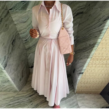 Women's Casual Pleated Skirts Set Two-piece Fashion Lapel Full Sleeve Button Top & Maxi Dress Lady 2025 Spring Street Outfits
