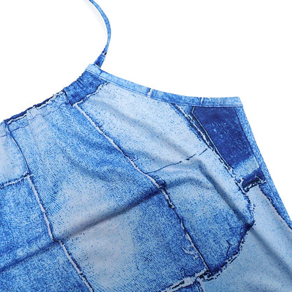 Summer Faux Denim Print Neck-mounted Spaghetti Strap Dress Women Sexy Slim Sleeveless Backless Dresses Fashion Wrap Hip Vestidos