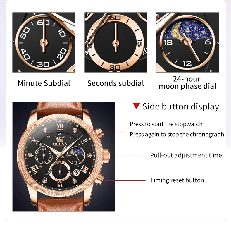 OLEVS 3660 Moon Phase Chronograph Luminous Men's Watches Leather Strap Waterproof Original Quartz Watch for Man Brand Wristwatch