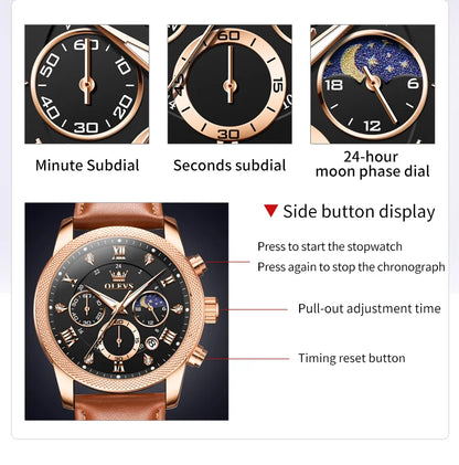 OLEVS 3660 Moon Phase Chronograph Luminous Men's Watches Leather Strap Waterproof Original Quartz Watch for Man Brand Wristwatch