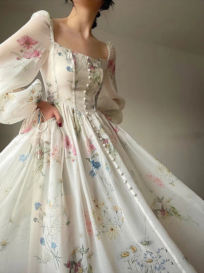 Vintage Floral Midi Dress Women Elegant Party Square Collar Dresses Summer Beach Fairy Korean Long Sleeve Bodycon Vestidos New