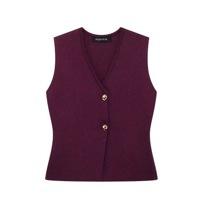 HH Women 2 Piece Skirt Set Elegant V-Neck Sleeveless Button Knitted Vest Top+Splicing High Waist Zipper Ankle-Length Skirts