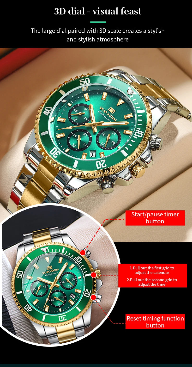 Multifunctional Mens Quartz Watch Luxury Water Night Glow Business Style Diver Series Stainless Steel Leisure Fashion Wristwatch
