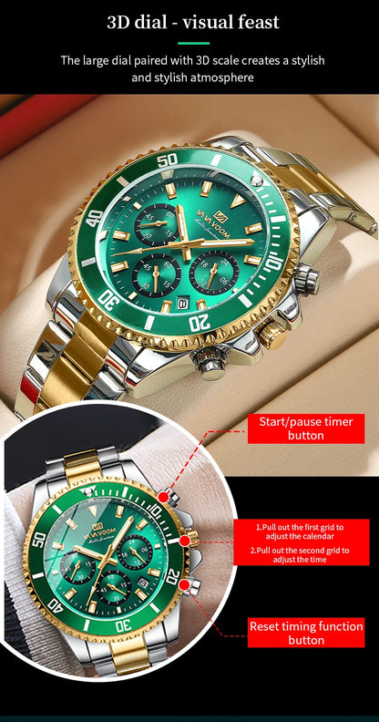 Multifunctional Mens Quartz Watch Luxury Water Night Glow Business Style Diver Series Stainless Steel Leisure Fashion Wristwatch