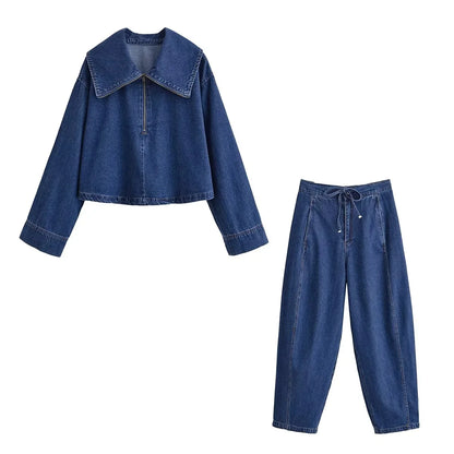 KONDALA Vintage Casual Chic Women Cowboy Suit Zipper Loose Jackets Long Pockets Pants Fashion 2025 Spring Summer Denim Suits