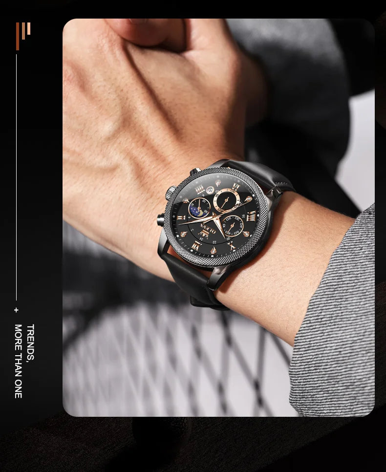 OLEVS 3660 Moon Phase Chronograph Luminous Men's Watches Leather Strap Waterproof Original Quartz Watch for Man Brand Wristwatch