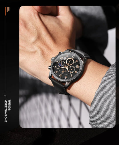OLEVS 3660 Moon Phase Chronograph Luminous Men's Watches Leather Strap Waterproof Original Quartz Watch for Man Brand Wristwatch