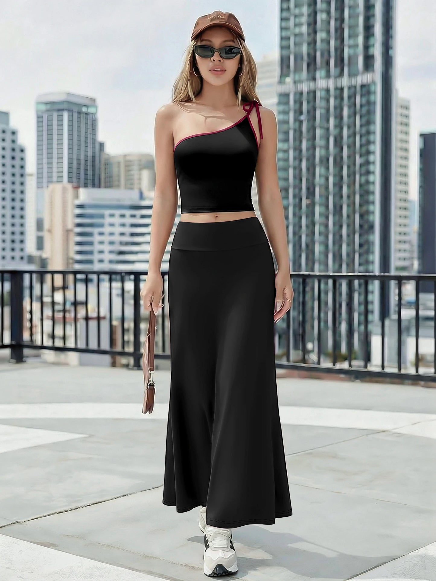 Summer Sexy One Shoulder Crop Top Maxi Skirt Set Women High Waist Slim Fit 2 Piece Outfit For Date Night