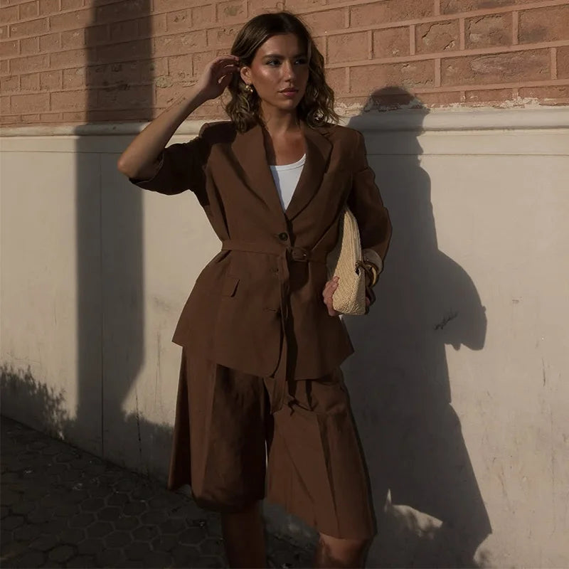 Cotton Linen Belt Blazer Shorts Sets Women Loose Lapel Half Sleeve Jackets Wide Leg Short Pants 2025 Summer Lady Street Outfits