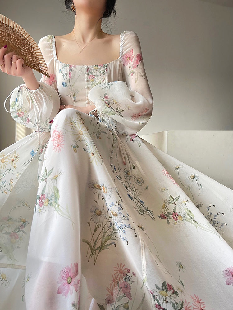 Vintage Floral Midi Dress Women Elegant Party Square Collar Dresses Summer Beach Fairy Korean Long Sleeve Bodycon Vestidos New