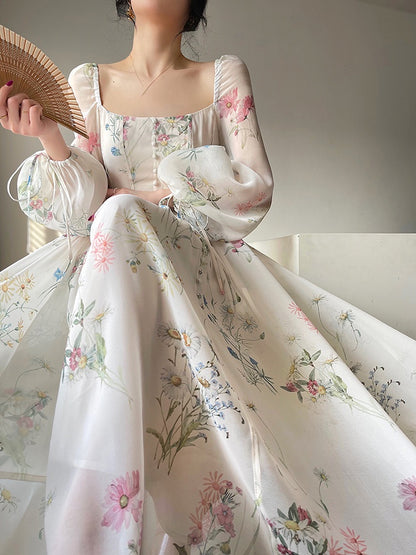Vintage Floral Midi Dress Women Elegant Party Square Collar Dresses Summer Beach Fairy Korean Long Sleeve Bodycon Vestidos New
