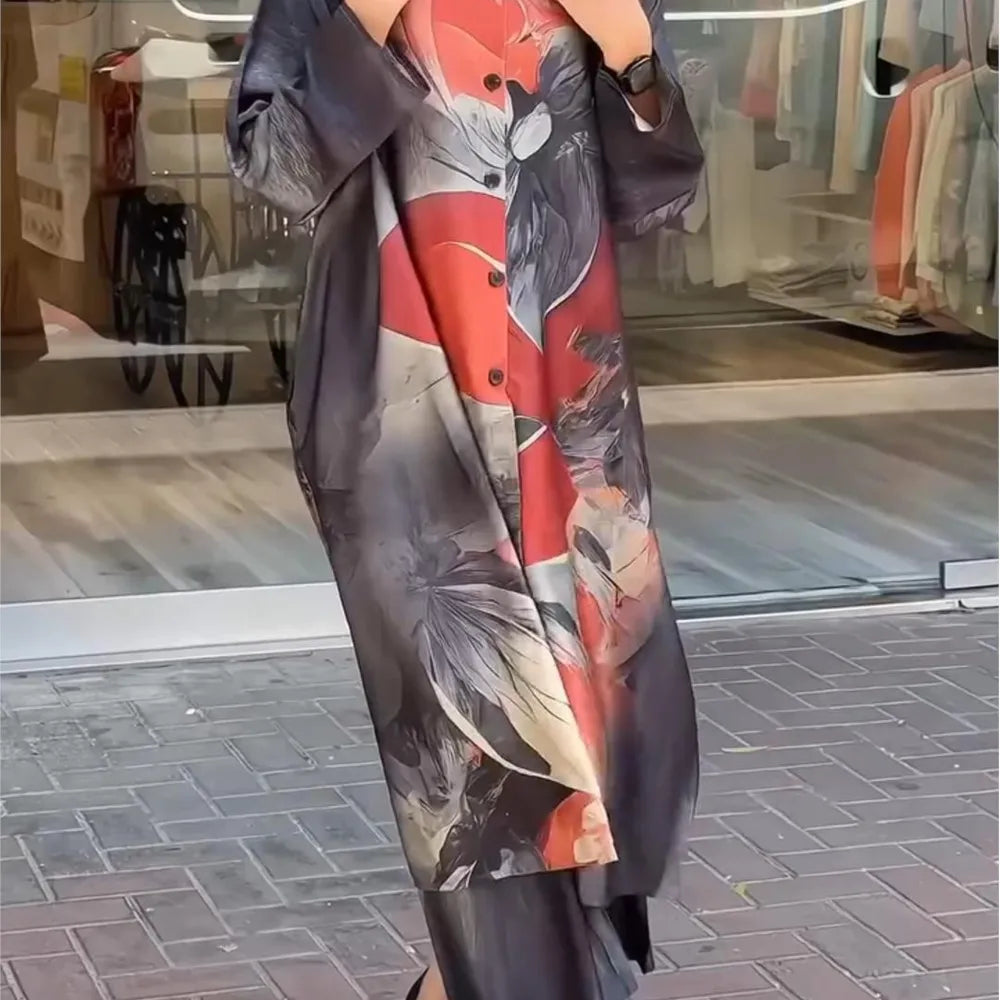 Elegant For Women Print Long Top 2 Pieces Set Spring Floral Single Breasted Lapel Shirt Wide Leg Pant Outfits Loose Leisure Suit