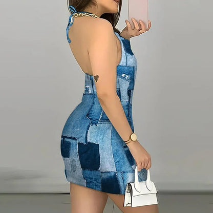 Summer Faux Denim Print Neck-mounted Spaghetti Strap Dress Women Sexy Slim Sleeveless Backless Dresses Fashion Wrap Hip Vestidos