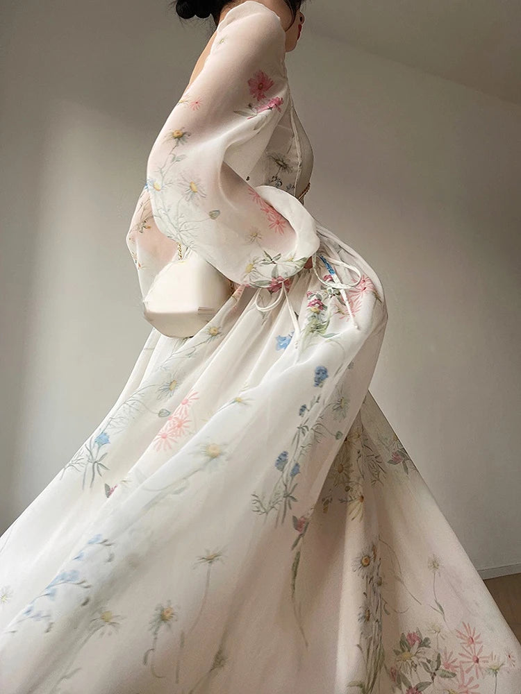 Vintage Floral Midi Dress Women Elegant Party Square Collar Dresses Summer Beach Fairy Korean Long Sleeve Bodycon Vestidos New