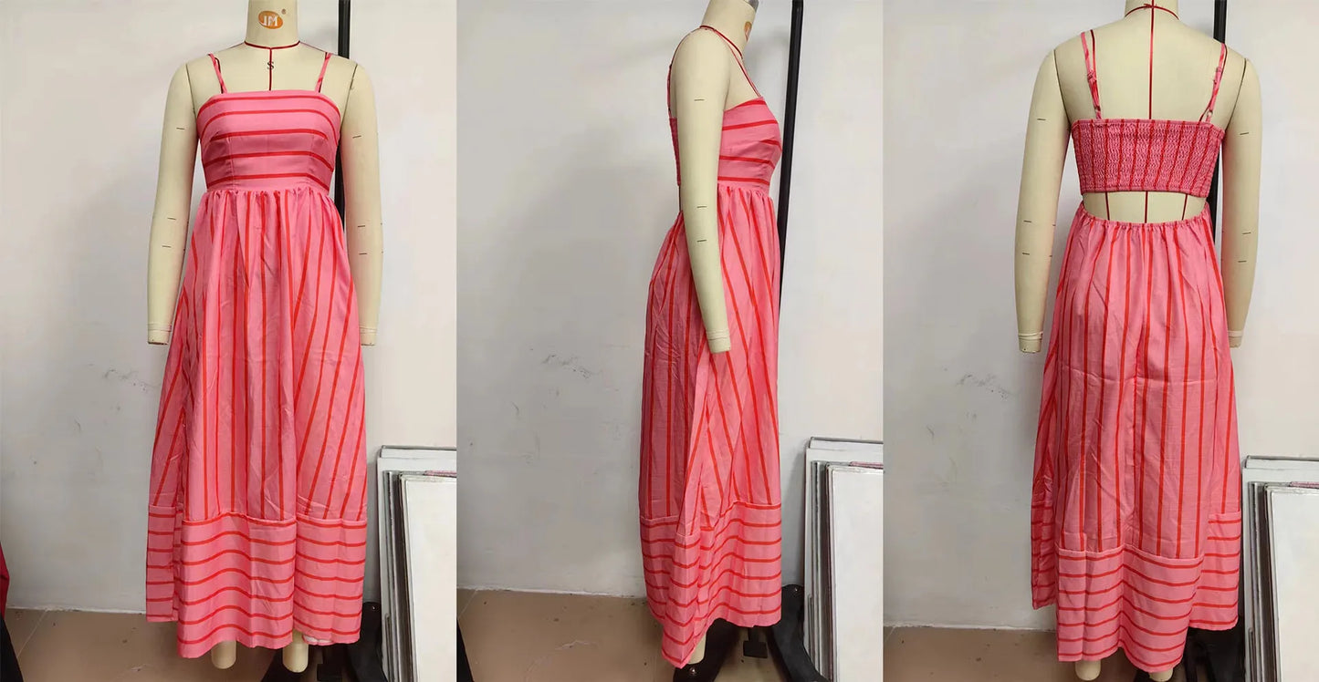 Fashion Stripe Slip Maxi Dress Women 2024 New Elegant Sleeveless Slash Neck Suspender Beach Dress Females Holiday Party Vestidos