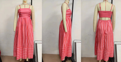 Fashion Stripe Slip Maxi Dress Women 2024 New Elegant Sleeveless Slash Neck Suspender Beach Dress Females Holiday Party Vestidos