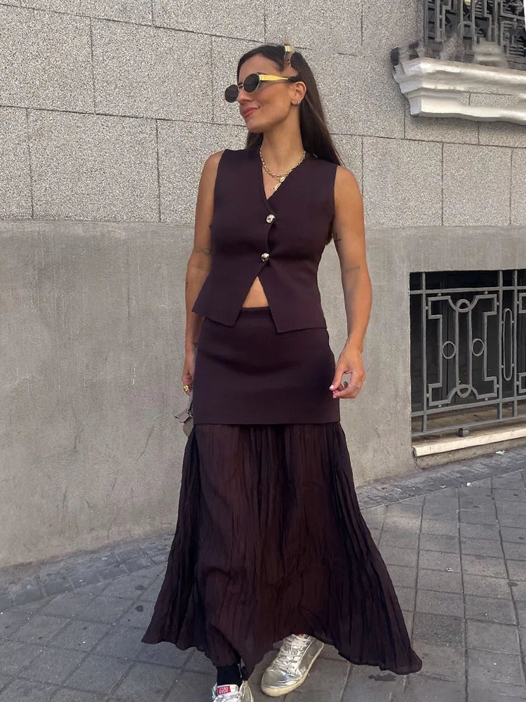 HH Women 2 Piece Skirt Set Elegant V-Neck Sleeveless Button Knitted Vest Top+Splicing High Waist Zipper Ankle-Length Skirts