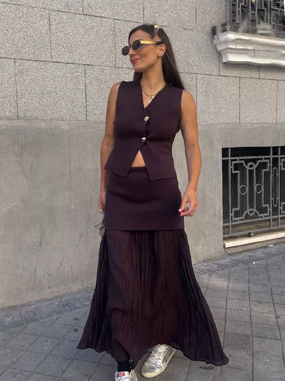 HH Women 2 Piece Skirt Set Elegant V-Neck Sleeveless Button Knitted Vest Top+Splicing High Waist Zipper Ankle-Length Skirts