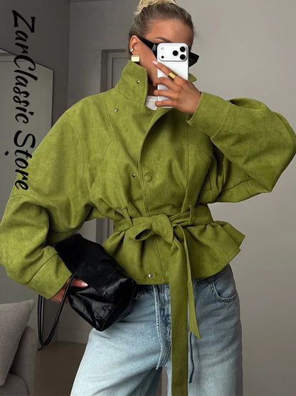 Autumn Women's Green Suede Short Jacket Loose Lapel Zipper Long Sleeve Bomber Coat Female 2025 New Lady High Street Outwears