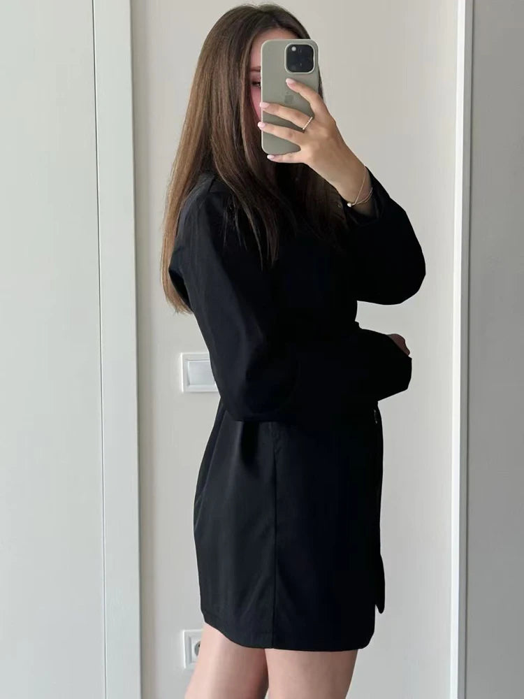 FSMG Fashion 3D Flower Belt Loose With Pockets Long Sleeve Coat Elegant Notch Collar Single Button Blazers Casual Office Jacket