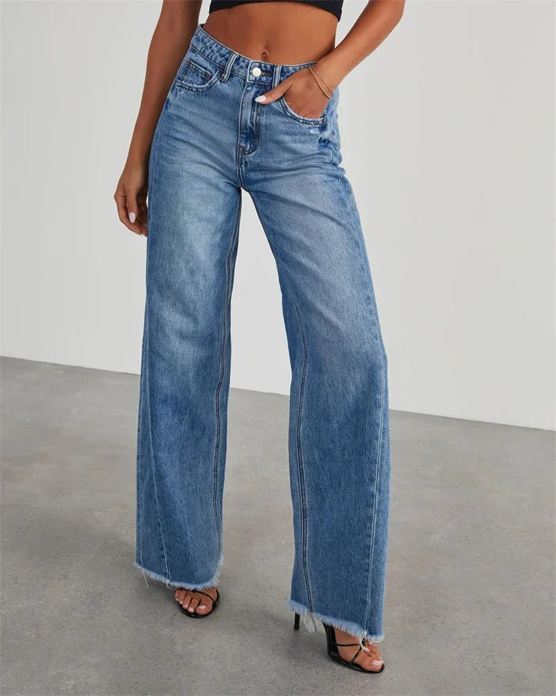 Fashion Straight Tassel Jeans Women Mid Waist Button Pocket Denim Pants Female Commuter Casual Loose Wide Leg Trousers 2023 New