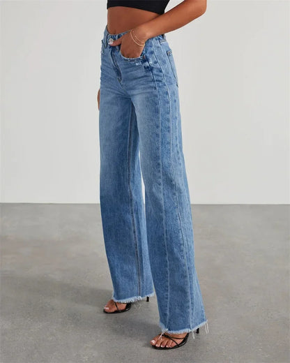 Fashion Straight Tassel Jeans Women Mid Waist Button Pocket Denim Pants Female Commuter Casual Loose Wide Leg Trousers 2023 New