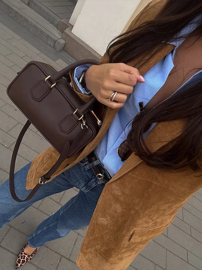 Vintage Suede Single Breasted Female Jackets Chic Long Sleeve Lapel Coats for Women 2025 Spring New Lady Outerwear High Street