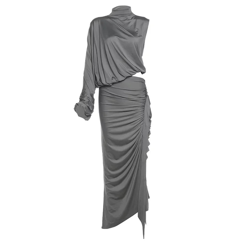 SIsterlinda Unique Irregular Women 2 Piece Set Solid Swinging Pleated Single Full Sleeve Turtleneck Tops+Matching Split Skirts