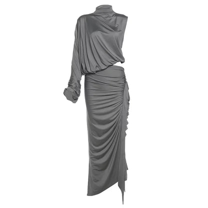 SIsterlinda Unique Irregular Women 2 Piece Set Solid Swinging Pleated Single Full Sleeve Turtleneck Tops+Matching Split Skirts