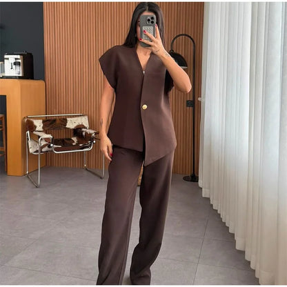 Casual Women's Trouser Suit Single Button Blazer High Waist Wide Leg Pants Lady Suits 2025 Spring Summer 2 Pieces Set Women