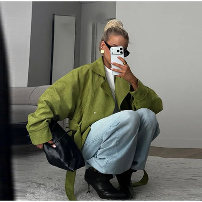 Autumn Women's Green Suede Short Jacket Loose Lapel Zipper Long Sleeve Bomber Coat Female 2025 New Lady High Street Outwears