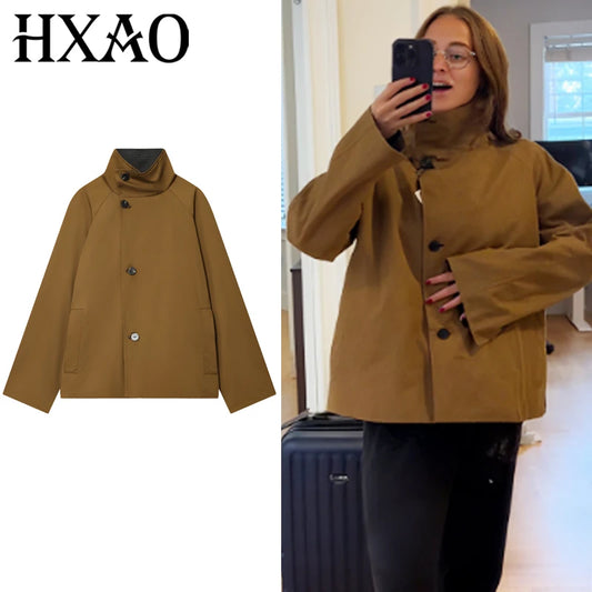 HXAO Women's Jacket Autumn Crop Reversible Trench Coat New In Coat & Jacket Asymmetric Button High Neck Long Sleeve Windbreaker