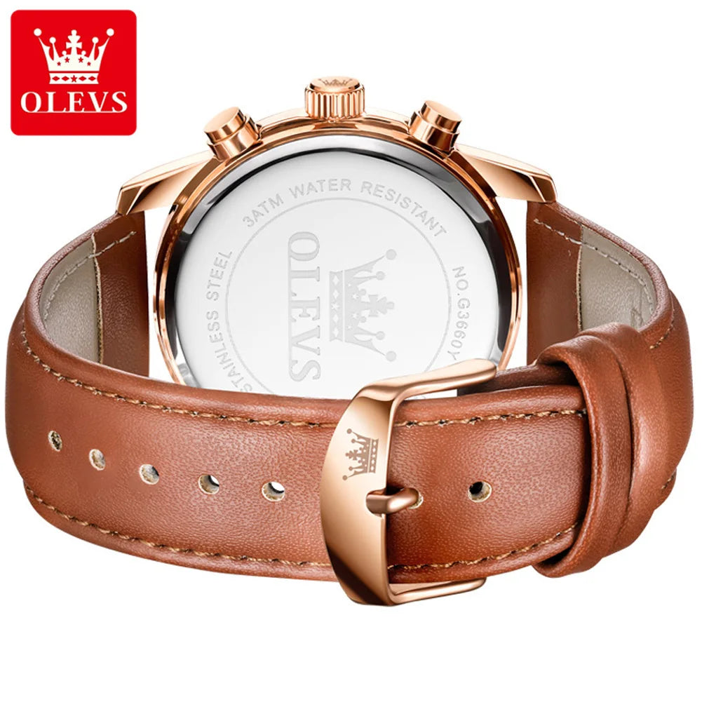 OLEVS 3660 Moon Phase Chronograph Luminous Men's Watches Leather Strap Waterproof Original Quartz Watch for Man Brand Wristwatch