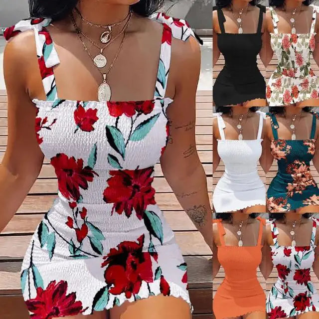 Summer Sexy Bodycon Package Hips Wrap Dress Women Casual Sleeveless Lace-up Fashion Floral Mini Dress Woman Skinny Sundress
