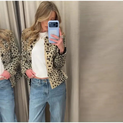 Leopard Print Cropped Jacket Round Neck Long Sleeve Button Front 2026 Spring Edgy Women Outerwear Fashion Chic Street Lady Coats