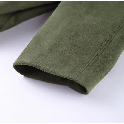 Autumn Women's Green Suede Short Jacket Loose Lapel Zipper Long Sleeve Bomber Coat Female 2025 New Lady High Street Outwears