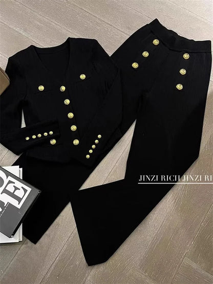 Autumn Winter Luxury Women Suits Fashion V Neck Golden Buttons Elegant Cardigan Coats + Knitted Wide Leg Pants 2-piece Set Q891
