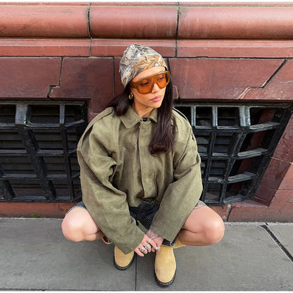 Autumn Women's Green Suede Short Jacket Loose Lapel Zipper Long Sleeve Bomber Coat Female 2025 New Lady High Street Outwears