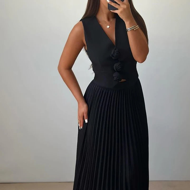 Elegant Temperament Slim Party Suit Office Simple Solid Color Pleated Outfits Ladies Sexy V Neck Rose Top and Long Skirt 2pc Set