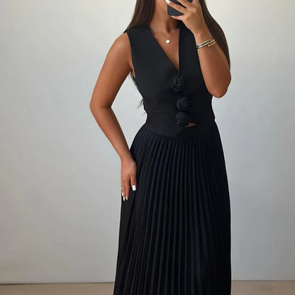Elegant Temperament Slim Party Suit Office Simple Solid Color Pleated Outfits Ladies Sexy V Neck Rose Top and Long Skirt 2pc Set