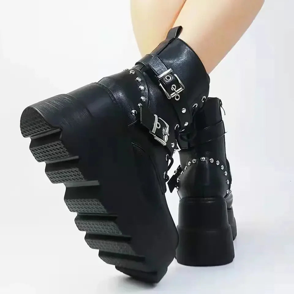 New Women Pu Leather Ankle Booties Woman Autumn Winter Round Toe Lace Up Shoes Woman Motorcycle Platform Gothic Boots Cosplay