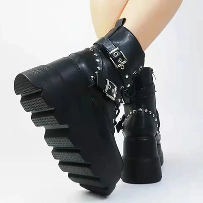 New Women Pu Leather Ankle Booties Woman Autumn Winter Round Toe Lace Up Shoes Woman Motorcycle Platform Gothic Boots Cosplay