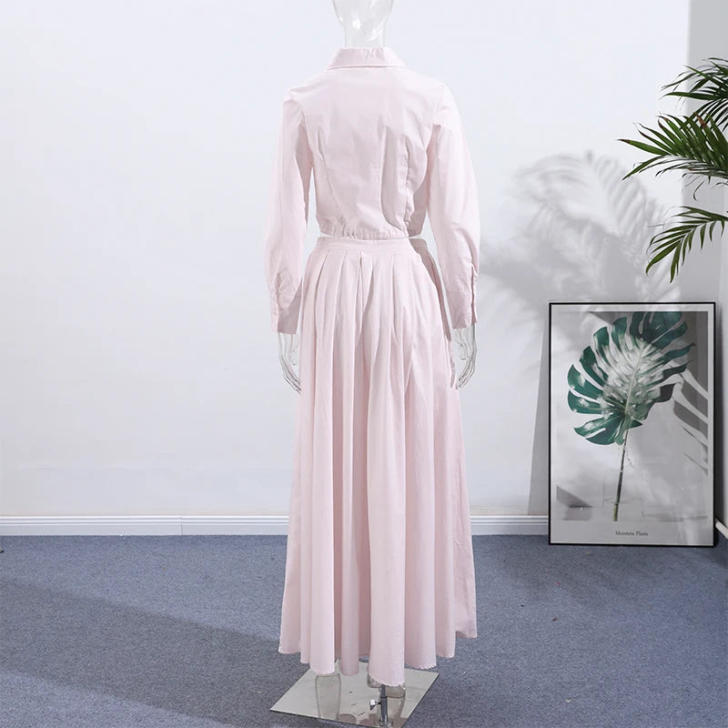 Women's Casual Pleated Skirts Set Two-piece Fashion Lapel Full Sleeve Button Top & Maxi Dress Lady 2025 Spring Street Outfits
