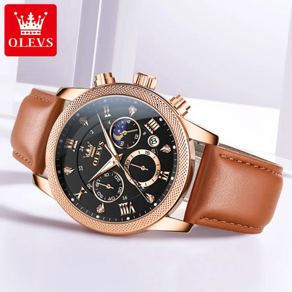 OLEVS 3660 Moon Phase Chronograph Luminous Men's Watches Leather Strap Waterproof Original Quartz Watch for Man Brand Wristwatch